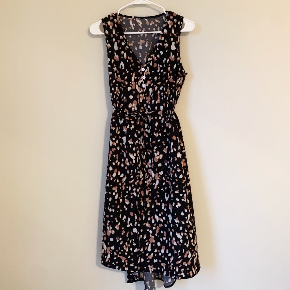 Black Leopard Print Sleeveless Midi Tie Dress
